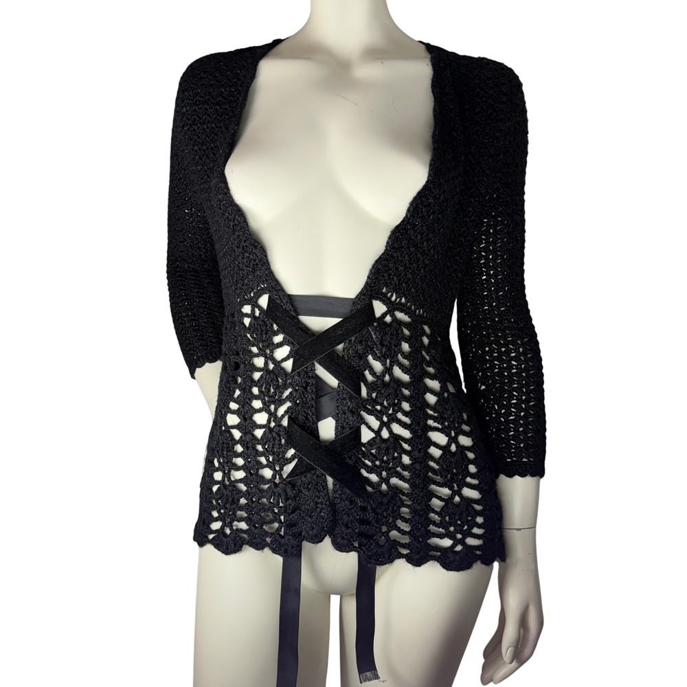 Black Crochet‎ Cardigan Lace Up Velvet Ribbon Whimsigoth Goth Boho Coquette S/M